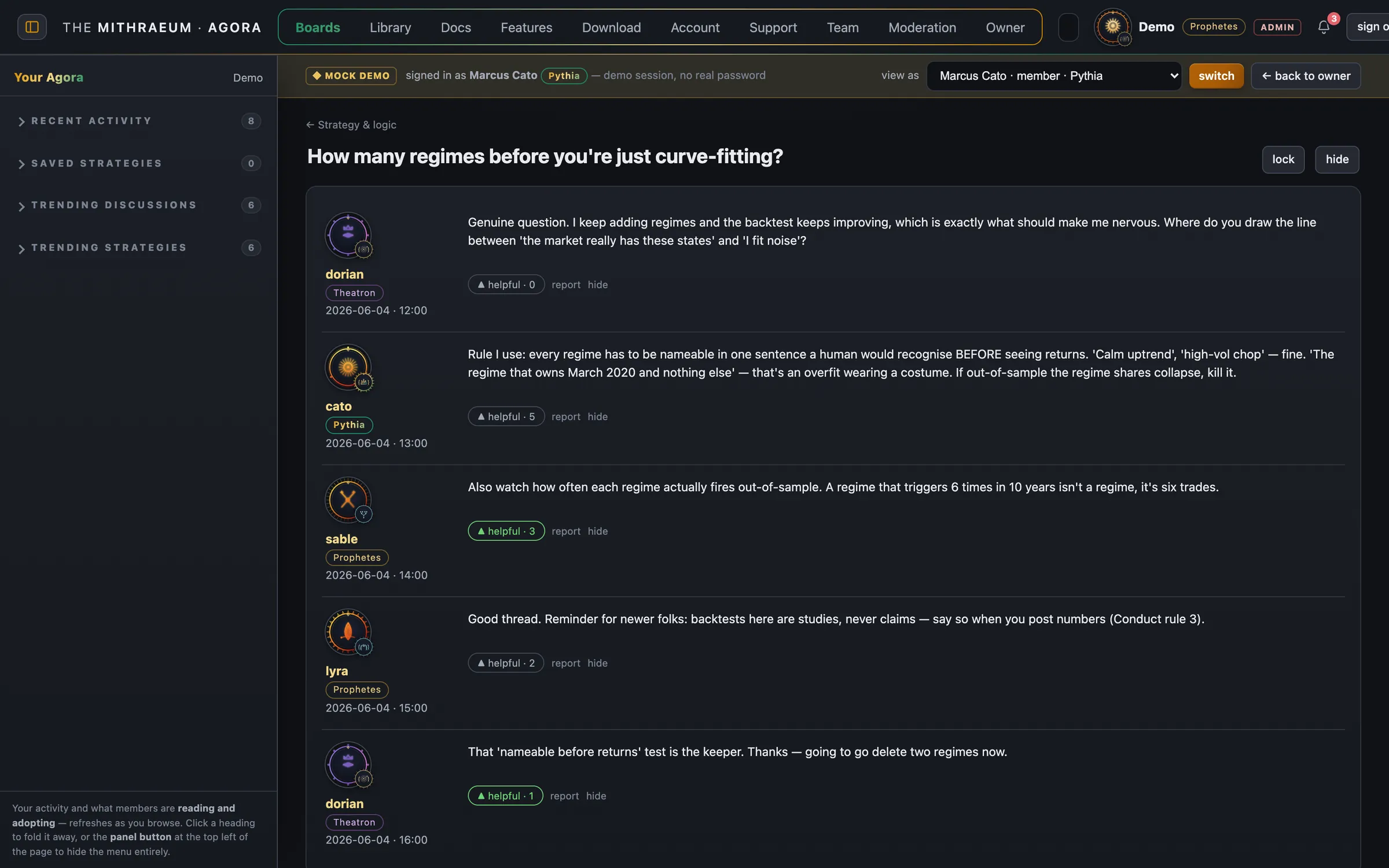 A discussion thread titled How many regimes before you're just curve-fitting?, with an opening post and four replies from different members, each with an avatar, a grade badge, a timestamp, a helpful-vote count and report and hide links, under the mock-demo banner.