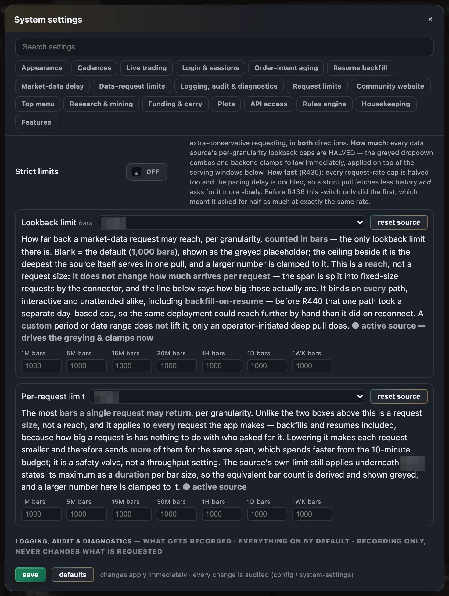 The System settings window at its data-request limits: the strict-limits switch with its explanation, a lookback limit counted in bars per granularity with a paragraph on what it governs, a per-request limit with its own explanation, the heading of the logging section below, and the footer noting that every change is audited. Provider names are redacted.